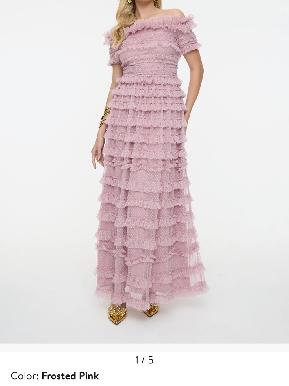 Off-Shoulder Frosted Pink Ruffle Maxi Dress